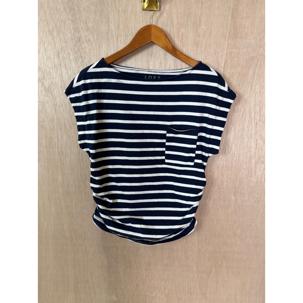 Loft Women Navy White Striped Ruched Side Boat Neck Pocket T-Shirt Medium
